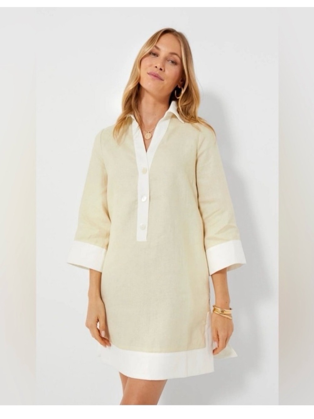 Tuckernuck Collier 100% Linen Colorblock Tunic Dress Champagne XXS